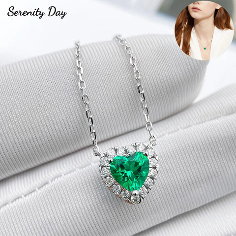 Serenity 1ct Heart Cut Colombian Emerald Necklace for Women 100% S925 Sterling Silver Plated 18K Pendant Necklace Fine Jewelry