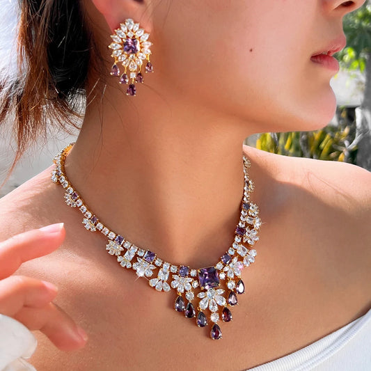 ThreeGraces Gorgeous Shiny Purple Square Zirconia Luxury Water Drop Bridal Wedding Evening Party Jewelry Set for Women T1058