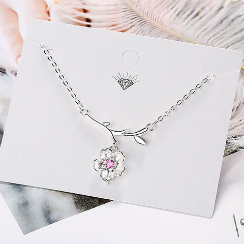 Cute Lovely Branches Cherry Blossoms Pendant Necklaces For Women Shiny Crystal Pink/Purple Zirconia Flower Elegant Neck Jewelry