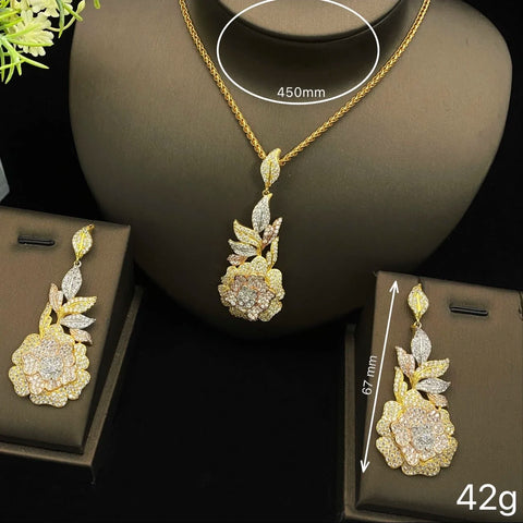 JRH Elegant Floral 2PC Jewellery Woman Set Gold Plated Zircon Flower Pendant Necklace Earrings Party Accessories Free Gift Box