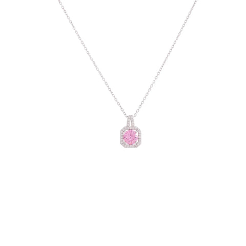 Fashionable Square Pendant Embedded Pink round Zircon Lightweight Versatile Minimalist Design Clavicle Chain Jewelry Accessory