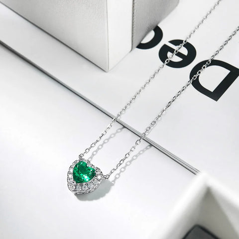 Serenity 1ct Heart Cut Colombian Emerald Necklace for Women 100% S925 Sterling Silver Plated 18K Pendant Necklace Fine Jewelry