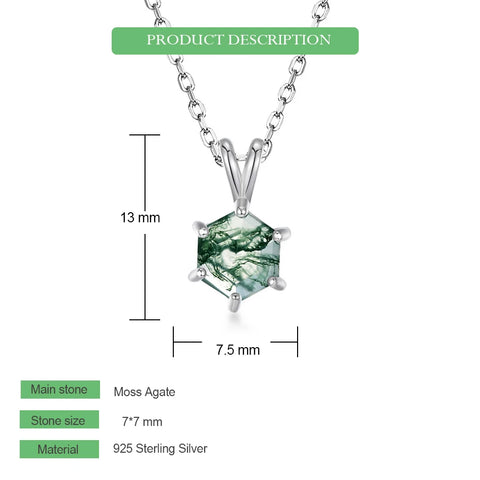 WES 925 Sterling Silver Hexagon Natural Moss Agate Pendant Necklace for Woman 7*7mm Rhodium Plated Engagement Gift Wholesale
