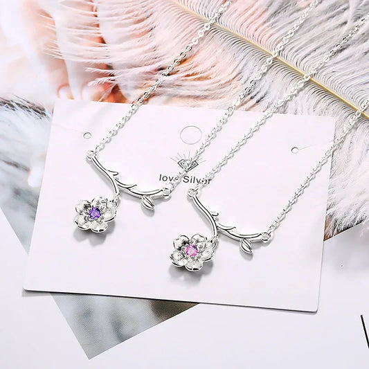 Cute Branches Cherry Flower Pendant Necklaces Shiny Crystal Zirconia Copper Romantic Female Elegant Neck Jewelry Accessories
