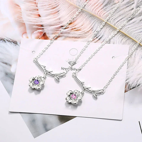 Cute Branches Cherry Flower Pendant Necklaces Shiny Crystal Zirconia Copper Romantic Female Elegant Neck Jewelry Accessories