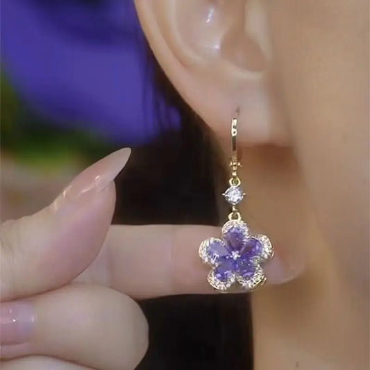 Fashion Trend Purple Crystal Zircon Flower Drop Earrings