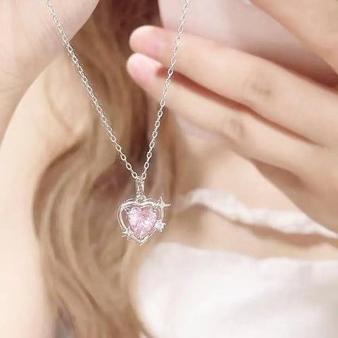Pink Heart Pendant Necklace for Women Lovers Rhinestione Clavicle Chain Chocker Female Cute Crystal Moonstone Necklace Jewl F7K6
