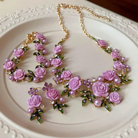 Flower Inlaid Crystal Pearl Necklace Earrings