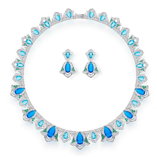 Designer Style Stud Earrings Necklace Women Lady Inlay Cubic Zircon Synthetic Sapphire Tassels Dinner Party Jewelry Sets
