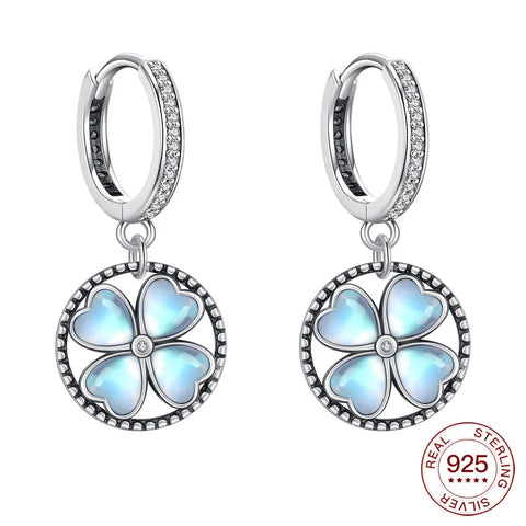 925 Sterling Silver Elegant Sparkling Lucky Clover Hoops Earring