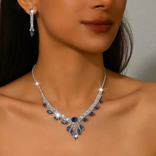 3pcs Elegant and Dignified Colored Water Droplet Gemstone Inlaid Women's Tassel Necklace Earring Set Retro Wedding Dress Jewelry