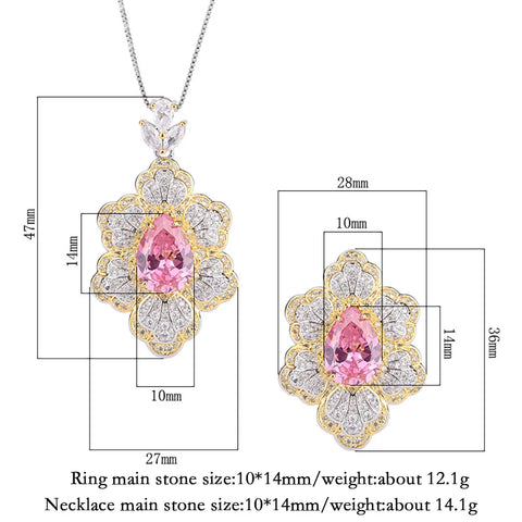 Luxury 10*14mm Pink Quartz Gemstone Wedding Party Fine Jewelry Sets for Women Lab Diamond Pendant Necklace Ring Anniversary Gift