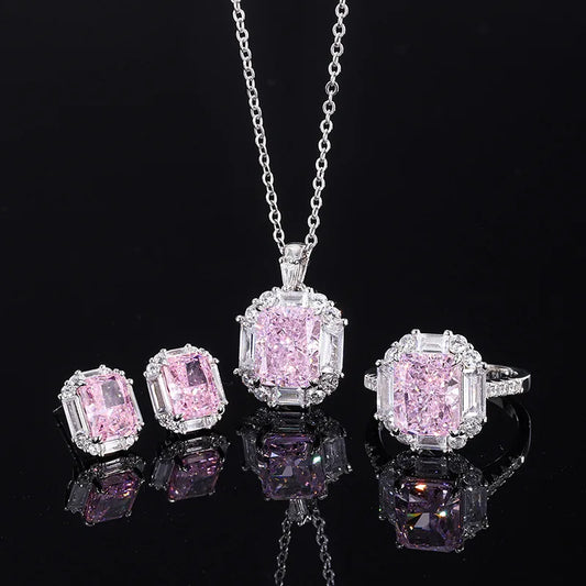 Jewelry S925 Full Silver Internet Celebrity High Carbon Diamond Pink Diamond Pendant Ring Earring Set