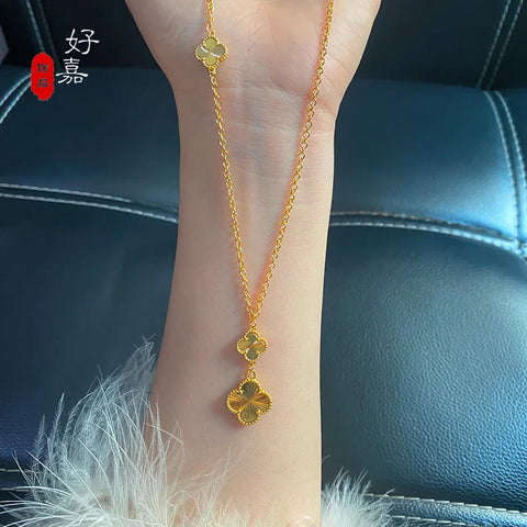 Light luxury 24K real gold four-leaf clover integrated necklace au9999 three-flower clavicle chain high-end women