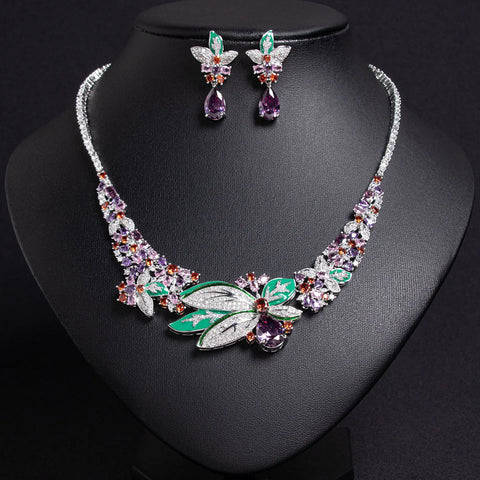 Foglia d'acero fiore pieno diamanti traslucido collana orecchini vestito nuziale donna accessori set matrimonio partito M-244