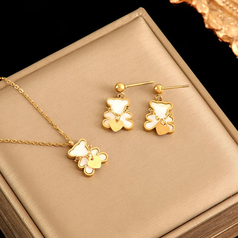 EILIECK 316L Stainless Steel Star Flower Bear Necklace Earrings