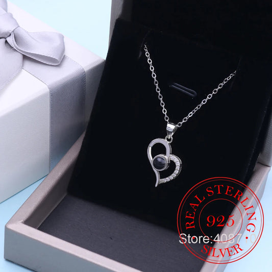 925 Sterling Silver Projected Zircon Heart I Love You in a Hunderd Language Necklace Pendant For Women Wedding Party Gift Collar