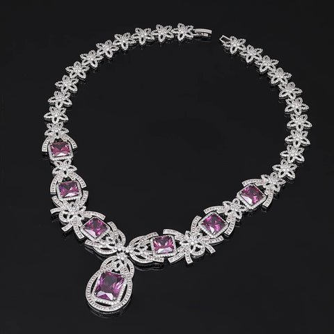 Dubai Luxury Purple Crystal Necklace, Necklace, Earring Set, Suitable for Women Brides' Wedding Jewelry Parties