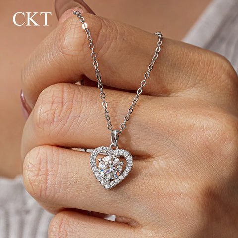 CKT 18k White Gold 1ct Diamond Moissanite Star & Moon Celestial Heart Pendant, Dainty Platinum Pt950 Necklace Fine Jewelry