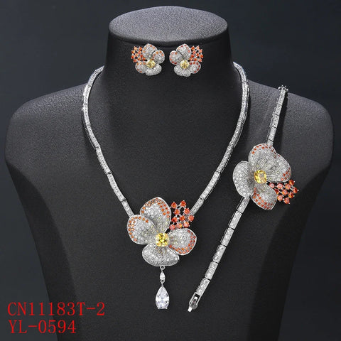 Luxury 3-piece Cubic Zirconia Flower Necklace Earrings Bracelet Set Bridal Wedding Accessories CN11183T