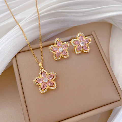 DIEYURO 316L Stainless Steel Pink Rhinestone