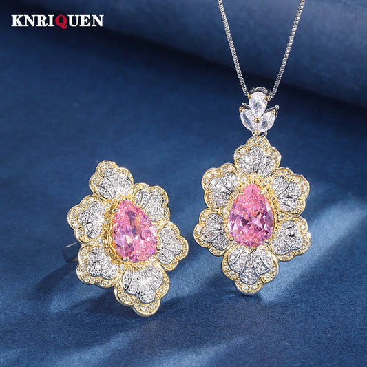 Luxury 10*14mm Pink Quartz Gemstone Wedding Party Fine Jewelry Sets for Women Lab Diamond Pendant Necklace Ring Anniversary Gift