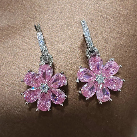 Pink Flower Sparkling Zircon S925 Silver Drop Earrings