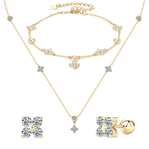 Real Moissanite Pendant Necklace Bracelet Earrings Sets For Women 925 Silver Rose Gold Plated Four Leaf Clover Jewelry Set Gift