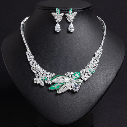 Foglia d'acero fiore pieno diamanti traslucido collana orecchini vestito nuziale donna accessori set matrimonio partito M-244