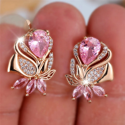 Luxury Female Pink Zircon Stone Hoop Earrings