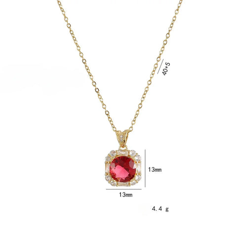 Stainless Steel Red Zircon Square Pendant Necklace for Women Girls Lovely Jewelry Accessories Gifts for Lover