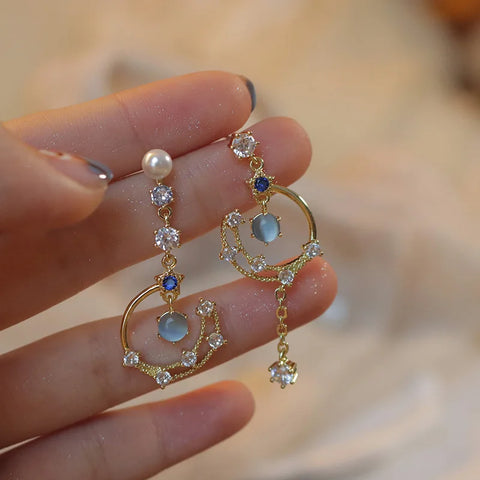 New Asymmetric Moon Butterfly Long Tassel Earrings