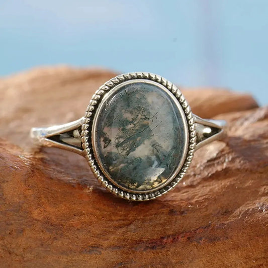 925 sterling silver moss agate women's ring