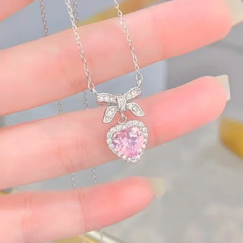 Cute Sweet Pink Bow Necklace Ladies Fashion Sparkling Rhinestone Heart Shape Pendant Clavicle Chain Delicate Wedding Accesories
