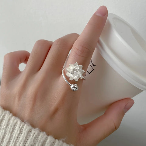 925 Sterling Silver White Lotus Adjustable Rings For Women Engagement Wedding Vintage Luxury Jewelry Accessories Wholesale