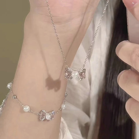 Korean Fashion Elegant Shiny Zircon Star Pendant Necklace Sweet Cute Girls Bow Knot Round Crystal Clavicle Chain Women Jewelry