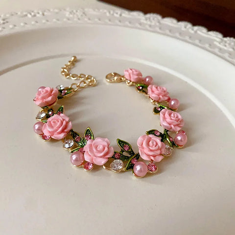 Flower Inlaid Crystal Pearl Necklace Earrings