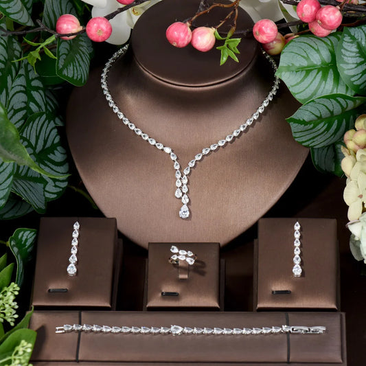 HIBRIDE Simple CZ Ladies Jewelry Sets Water Drop Cubic Zirconia Crystal Tassel Earrings and Necklace Set for Women Gifts N-1149