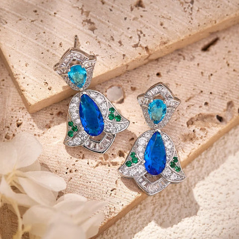 Designer Style Stud Earrings Necklace Women Lady Inlay Cubic Zircon Synthetic Sapphire Tassels Dinner Party Jewelry Sets