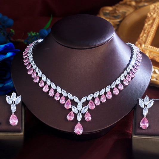 ThreeGraces Elegant Brilliant Pink Water Drop Zirconia Luxury Wedding Bridal Evening Party Jewelry Set for Women T1044