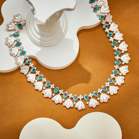Luxury Temperament AAA Zircon Fan Shaped Blue Red Necklace Drop Earrings For Women Wedding Party Evening Dress Jewelry Sets