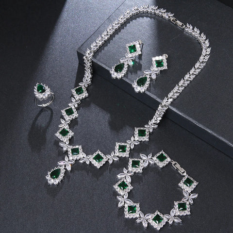Emmaya Zircons Luxury Big Green CZ Women Wedding Costume Jewellery Necklace 4 pcs African Dubai Bridal Party Jewelry Sets