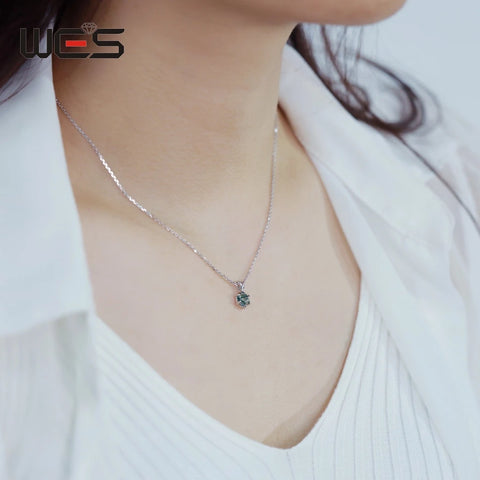 WES 925 Sterling Silver Hexagon Natural Moss Agate Pendant Necklace for Woman 7*7mm Rhodium Plated Engagement Gift Wholesale