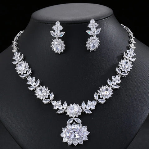 Luxury Indian Jewelry Set For Women Zirconia Bridal Necklace Earring Set For Wedding Evening Party Prom Pendant Necklace
