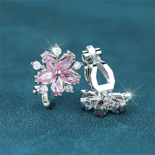Elegant Pink Crystal Sakura Clip Earrings White Zircon  Earrings