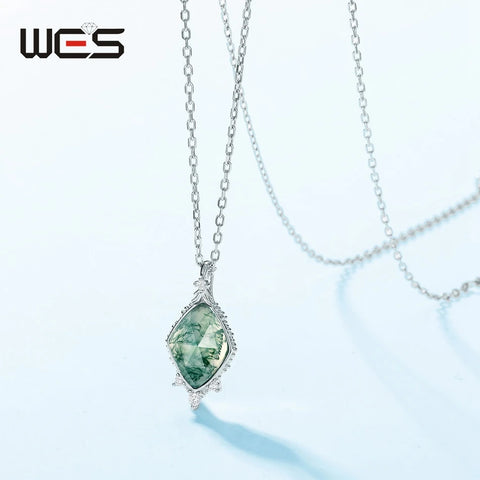 WES 925 Sterling Silver Unique Natural 8*11mm Moss Agate Pendant Necklace for Woman Forest Jewelry Engagement Gift Wholesale
