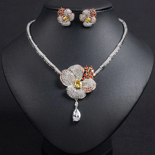 2-piece Jewelry Set for Women's Wedding zircon flower Necklace Earring full -diamond