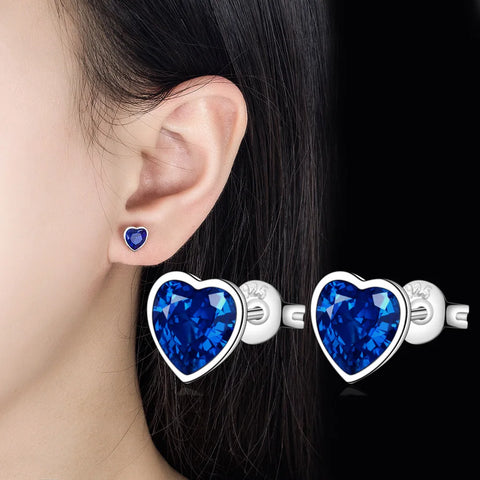 New in 925 Sterling Silver Heart Blue Crystal Stud Earrings
