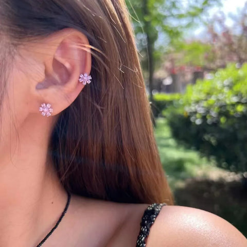 925 Silver Pink Tourmaline Flower Ear Stud Cherry Earrings