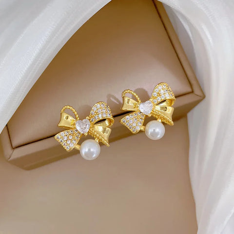Classic Stainless Steel Gorgeous Pearl Bow Necklace Earrings
